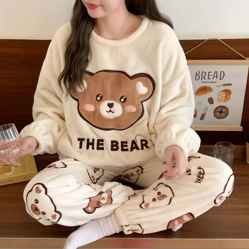 Thickened Warm Sleepwear for Winter Cartoon Flannel Pajamas Homewear Women Velvet Coral Velvet Cartoon Bear Nightwear Loungewear.