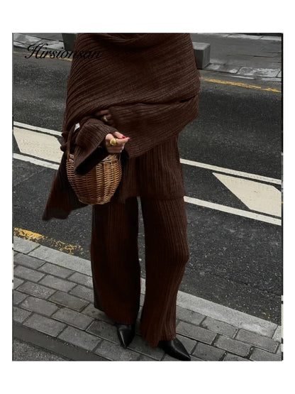 Hirsionsan Soft Elegant Vintage Women Suits 3 Pieces Female Sets O Neck Sweater & Wild Leg Pants with Scarf Knitted TrackSuit.