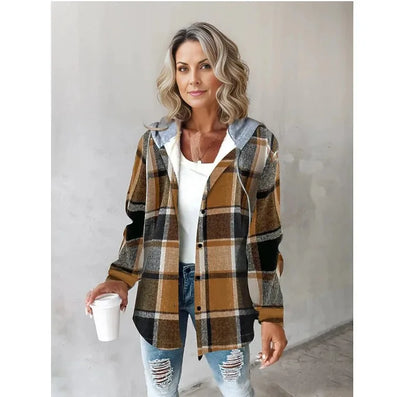 Neue Herbst und Winter frauen Plaid Jacke Mit Kapuze Mode Taste Strickjacke Top Tasche Casual Straße Vielseitige Jacke.