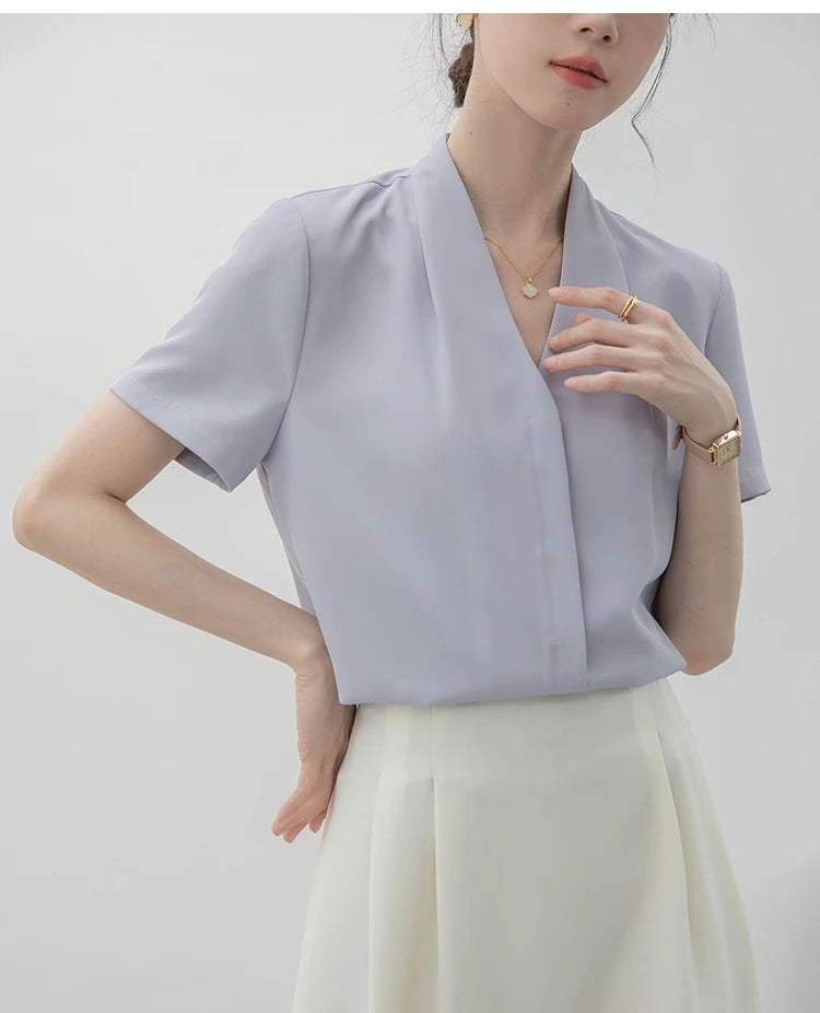 2025 Fashion Summer Short Sleeve V-Neck Women Blouse White Blouse Shirt Women Tops Blouses Shirts Blusas Para Mujer Camisas XL86.