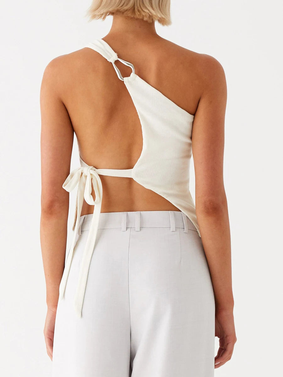 Women Off One Shoulder Tank Tops for Women Solid Stylish Side Tie Design Summer T-Shirt.