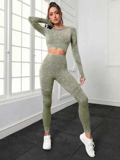 2 Piece Acid Wash Gym Set Women Seamless Long Sleeve Leggings Tracksuit Sports Fitness Suit Scrunch Workout Clothes Yoga Outfits