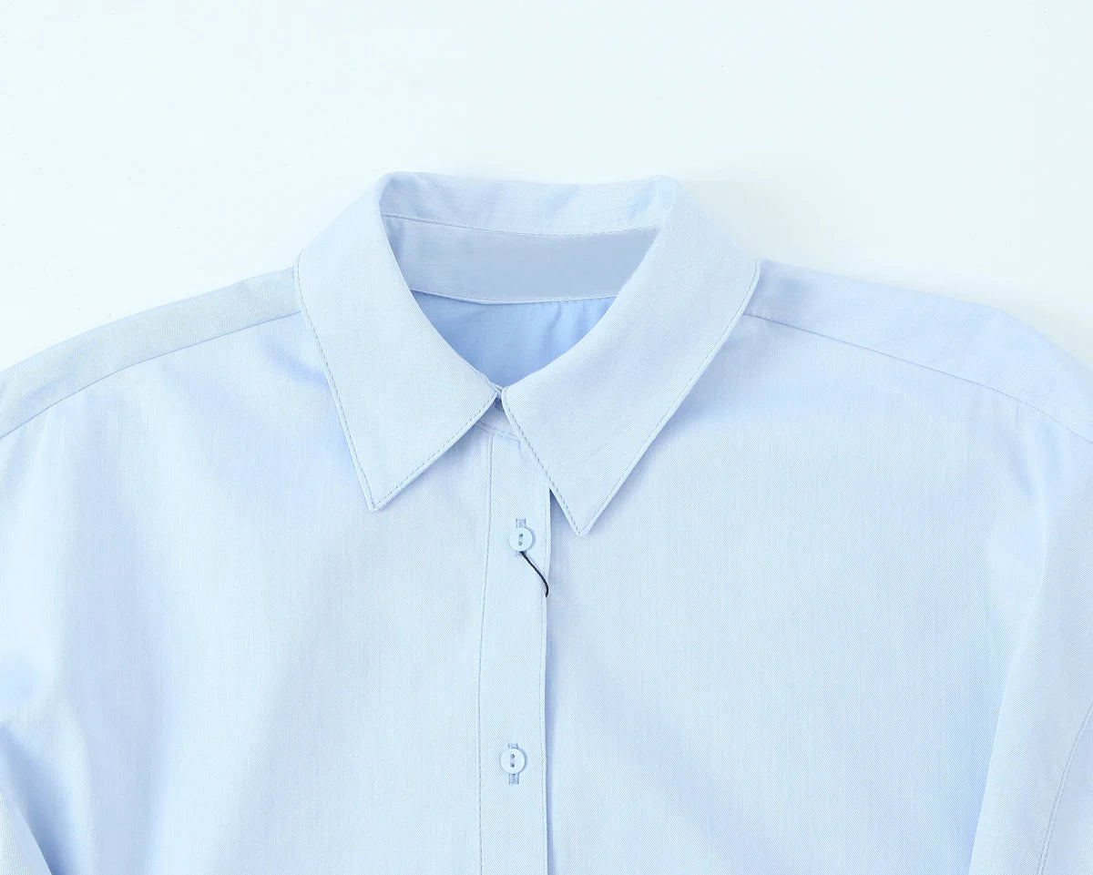 KONDALA Fall Women Elegant Blue Shirt Lapel Waist Buttons Shirt Office Lady Tops New 2025 Spring Autumn Fashion Commuter Shirt.