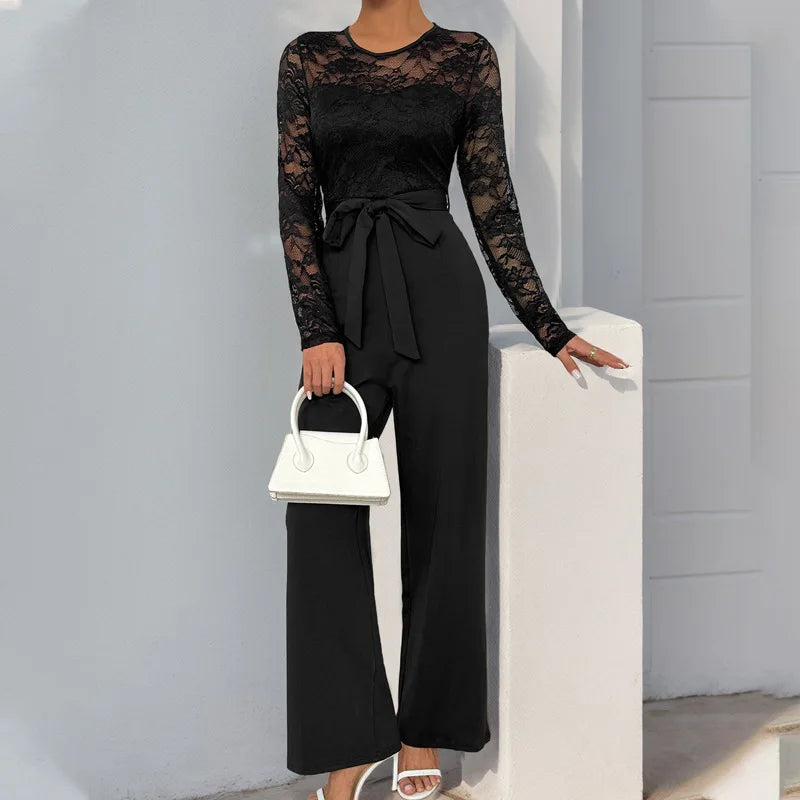 Spring New Women's Sexy Lace Spliced Long Jumpsuit Fashion Solid Color Hollow Long Sleeve Casual Laces Wide Leg Jumpsuit Women
