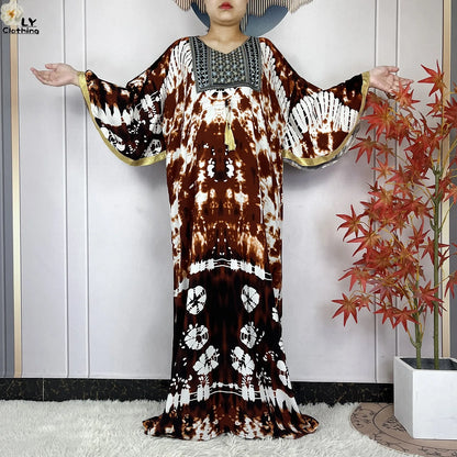 2025 New African Abaya For Women Dress Loose Batwing Sleeve Pockets High-quality Tie-dye Pure Cotton Fabric Women Islam Clothing.