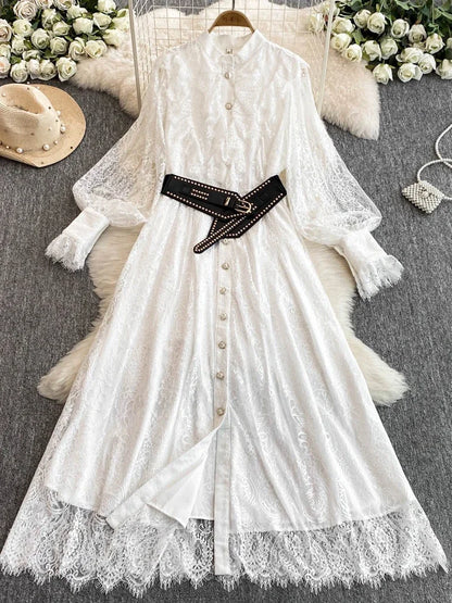 Neue Frühling Herbst Spitze Kleid für Frauen Weiß Schwarz Elegante Taille Langarm Stil Geburtstag Party Kleid Weibliche C186.