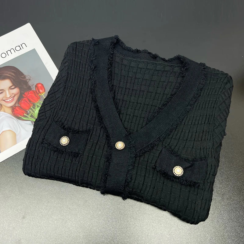 YuooMuoo 2023 Neue Ankunft Frauen Gestrickte Lange Kleid Elegante V-ausschnitt einreiher Split Pullover Kleid Büro Dame Vestidos.