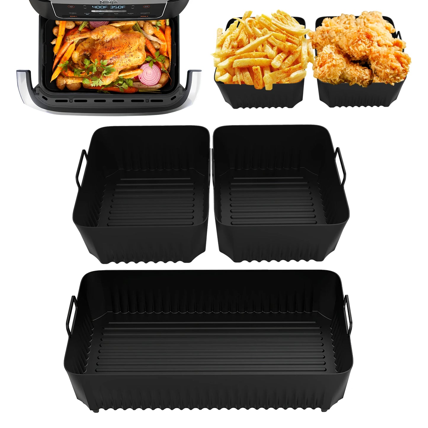 (No Machine) 3Pcs Air Fryer Liners Silicone Pad Tray for Ninja Flex Drawer AF500UK, 5.2L + 10.4L, Kitchen Air Fryer Accessories.