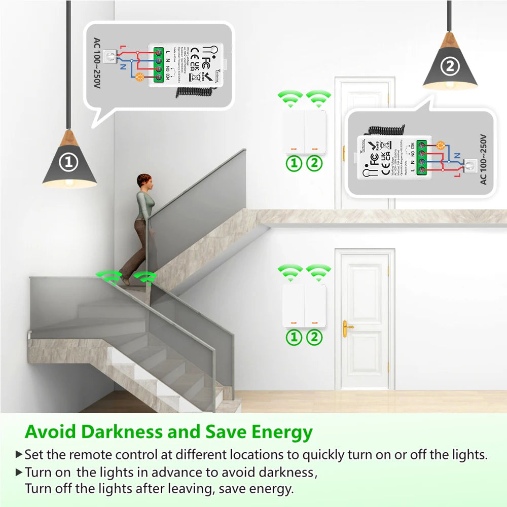 433 MHz intelligenter Lichtschalter AC 110 V 220 V Empfänger und 1/2/3 Gang 86 kabelloser Drucktastenschalter, Übertragung 50 m für Heimwerker.