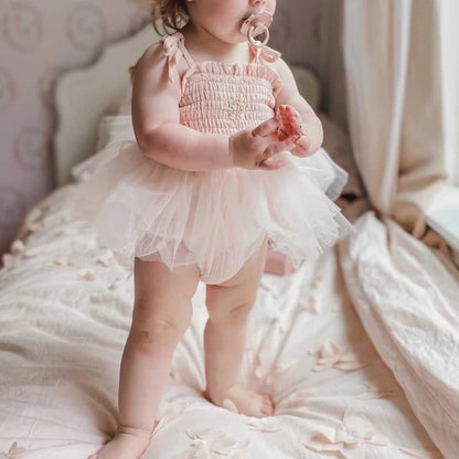 Blotona Kleinkind-Body für Babys, Mädchen, Blumenstickerei, zum Binden, Spaghettiträger, schulterfrei, Rocksaum, Strampler, Kleid und Stirnband.