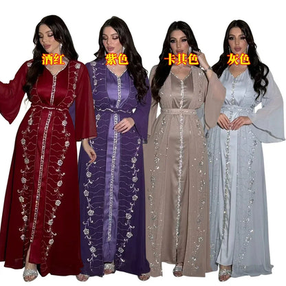 Muslim Set Dress Women Four-season Commute Muslim Set Fashion Party Dubai Turkey Long Sleeve Chiffon Cardigan Dress and Vest 2ps.