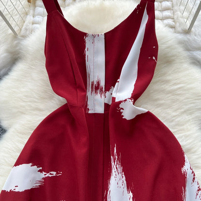 Neue Sommer Druck Süße Kleid Träger O Neck Backless Split Elegante Damen Urlaub Strand Party Midi Sommerkleid