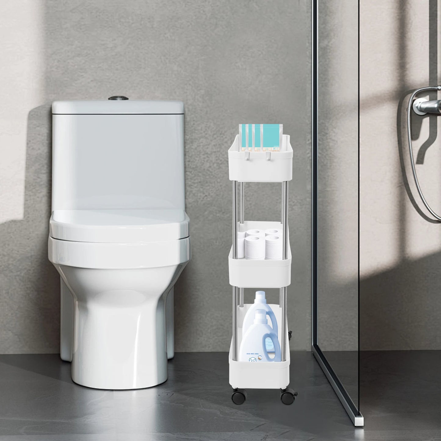 3-lagiges Rollwagen-Regal, bodenstehendes Lagerregal mit 4 Universalrädern, 4 Haken, Küche, Badezimmer, Organizer