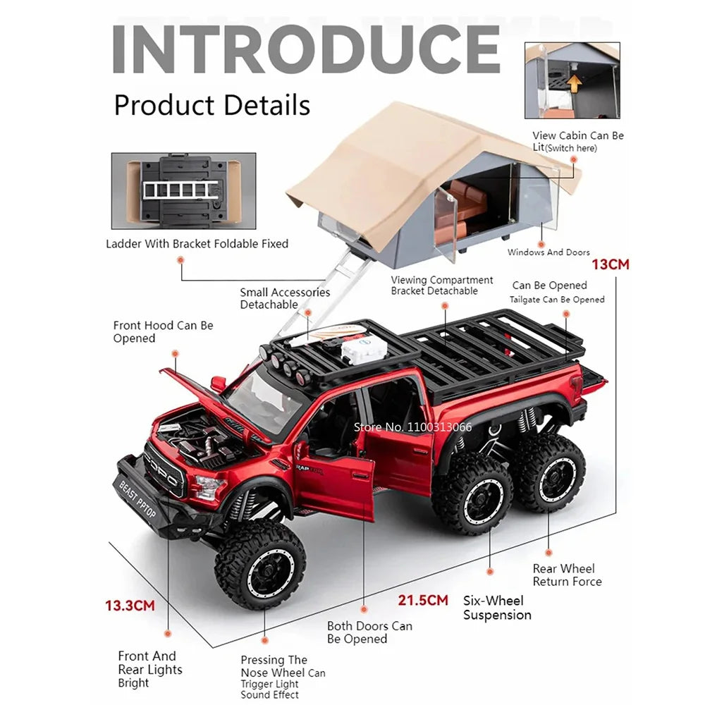 1/24 Scale Raptor F150 Alloy Cars Models Toys 6 Doors Opened Camping RV Diecast Model Light Sound Vehicle for Boys Birthday Gift.