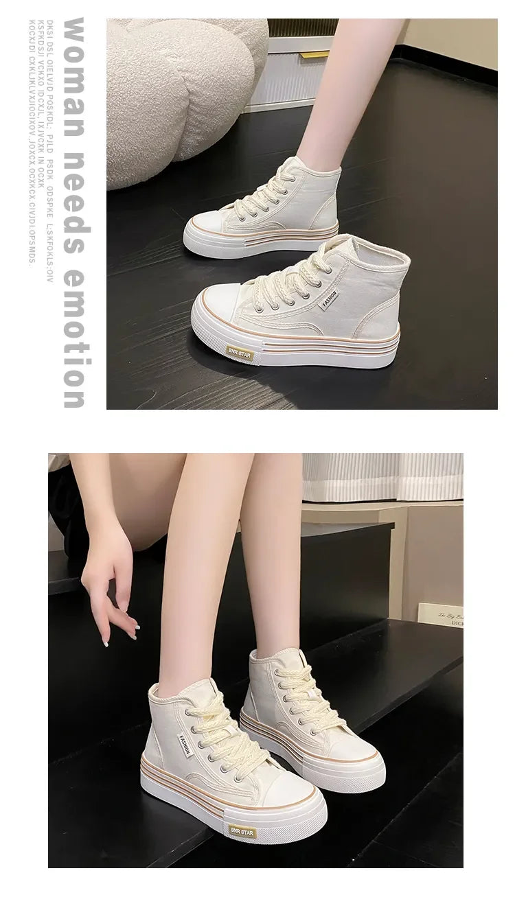 Maogu Women Autumn 2023 New Fashion Thick Platform Leisure Sports Shoe White Sneakers Breathable Casual High Top Canvas Shoes 40.