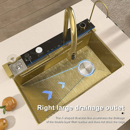 Goldene Küchenspüle aus Edelstahl, multifunktionale Wasserfall-Auslass, Einzelschlitz, Klavierknopf, Digitalanzeige