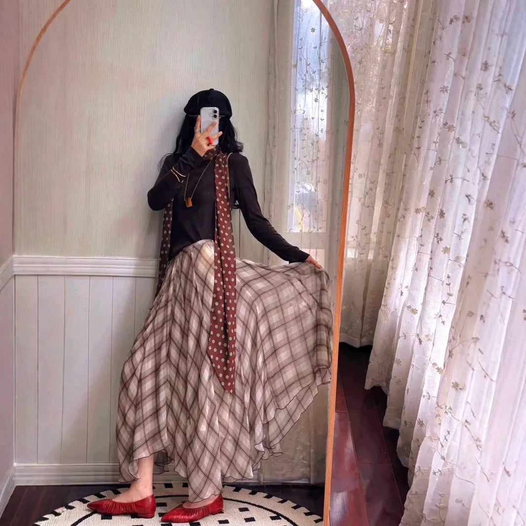 Flowing Check Midi Skirt 2025 Spring Summer New Retro Long Skirt Seaside Holiday Casual Brown Women Clothing.