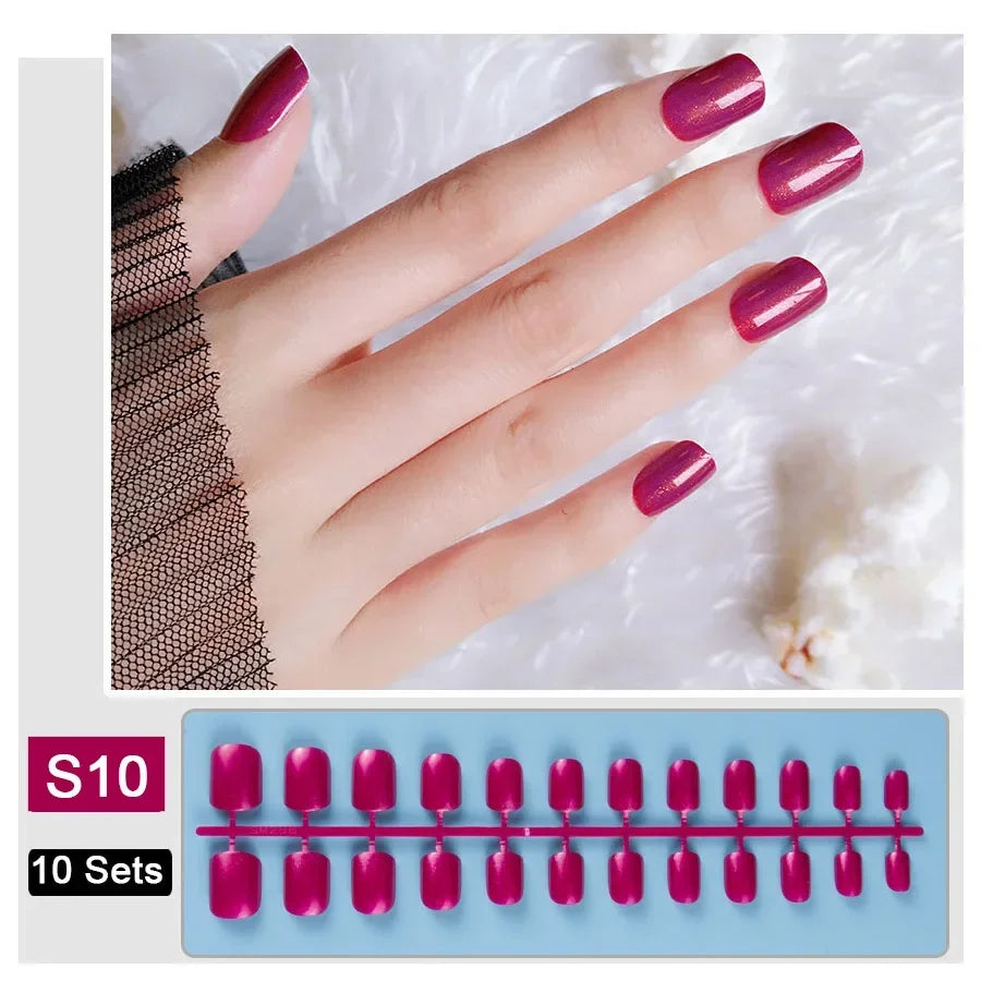 10 Sets/Pack Mixed Solid Colors Coffin Round Square Almond Shape False Nails Full Cover Nail Tips Short Fake Nails Tip Manicure