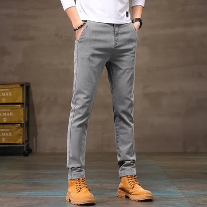 Men's Business Casual Pants Stretch Slim Fit Straight Semi-elastic Waist Trousers Solid Classic Office Work Male Clothing.