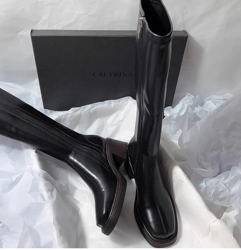 Vintage Thick Heel Women Knee High Boots Fashion Side Zippers Shoes Autumn Winter Ladies Concise Long Botas De Mujer.
