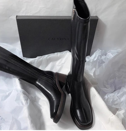 Vintage Thick Heel Women Knee High Boots Fashion Side Zippers Shoes Autumn Winter Ladies Concise Long Botas De Mujer.