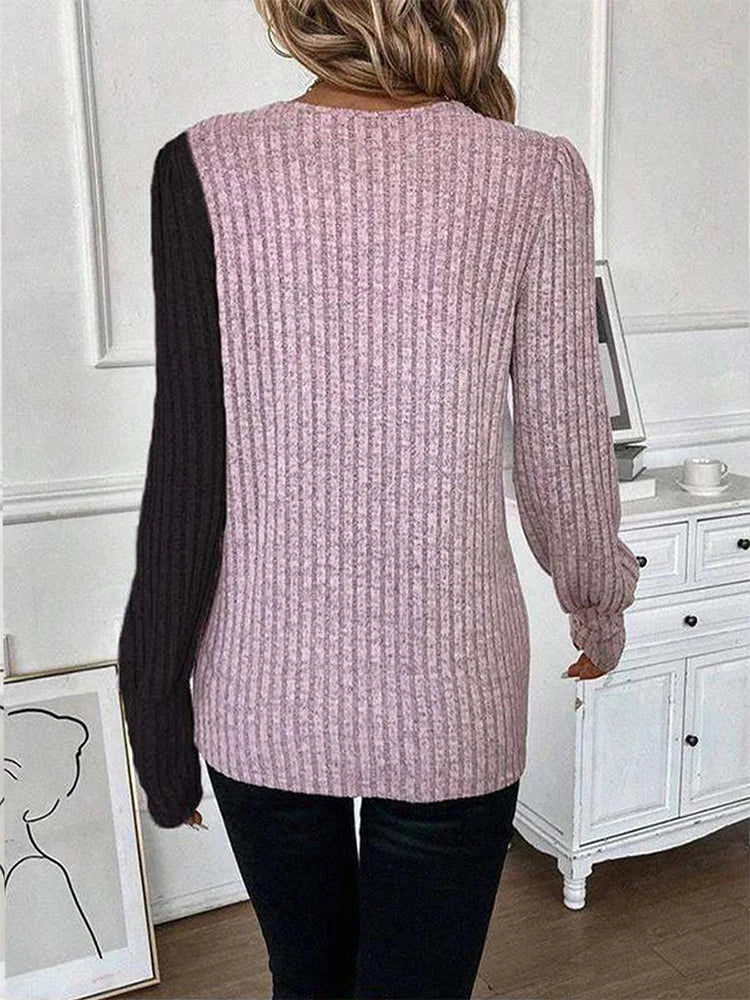 Herbst Langarm Tasten Pit Gestreiften Frauen Pullover Kontrast Farbe Lange Hülse O-ansatz Pullover Lose Einfache Gestrickte Kleidung.
