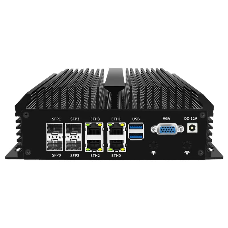Fanless Mini Industrial PC Desktop Computer Atom C3758 4x10G SFP+ 4*LANs 4x Phoenix RS485 COM 2xDB9 RS232/485 COM Auto Power On.