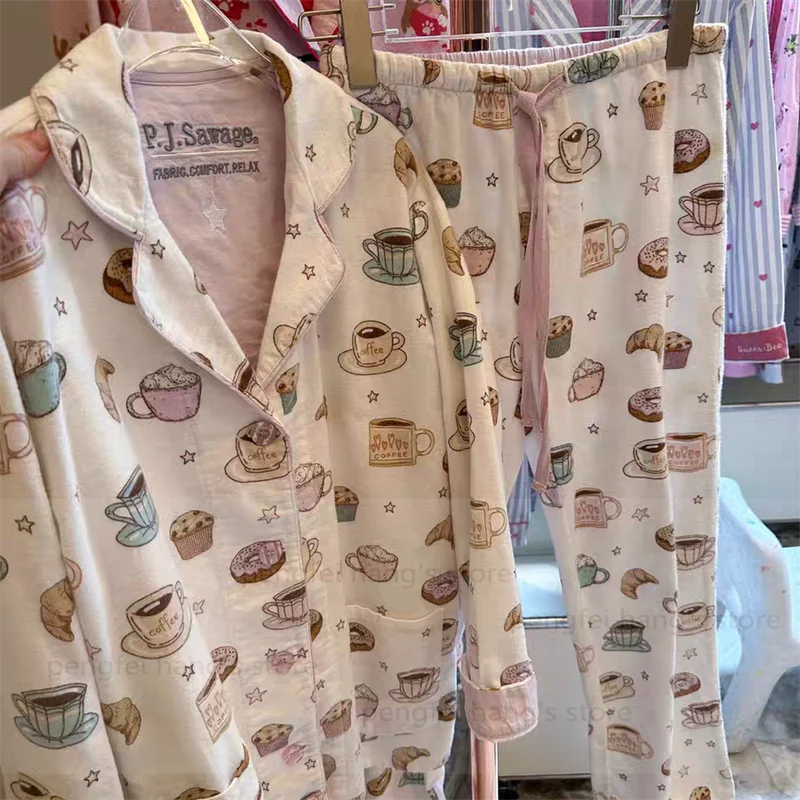 2025 Autumn New Home Clothes Lady Cotton Pajamas Suit Cute Cartoon Print Nightwear Luxury Shirt Pants Girlfriend Gift Loungewear.