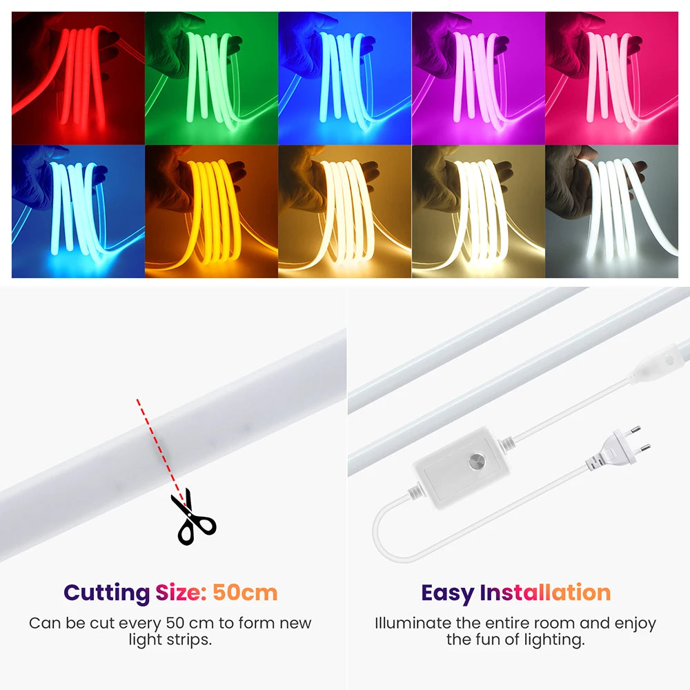 Dimmable COB LED Neon Light Strip 220V Dimmer Power Kit Waterproof 10 Colors 5m 10m 20m 30m 0.5m 288LEDs/m Flex Tube Lamp Decor.