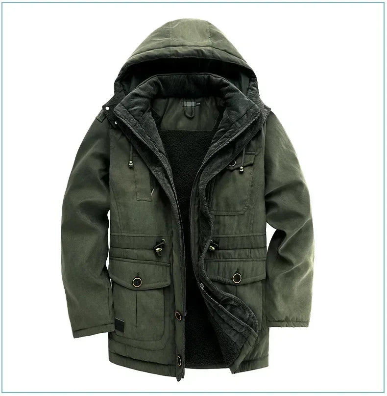 Men's Jacket WINTER USA SIZE Large SIZE Lamb Fleece JACKETS Hooded Cotton Thickened Multi Pocket Casual Mid length Coat.