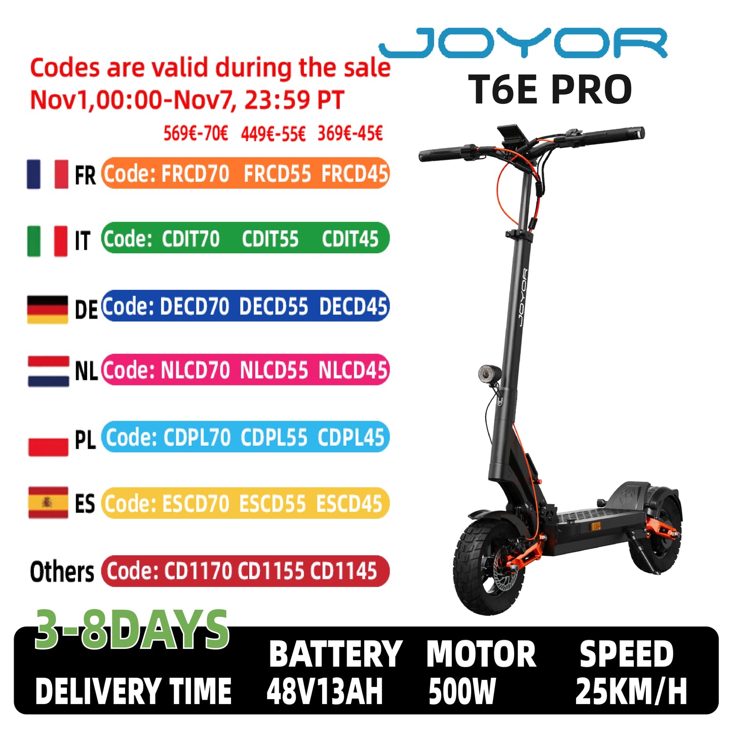JOYOR T6E PRO (ABE) Adult Electric Scooter 500W Motor 48V26AH Battery E-Mountain Escooter 10" Off-Road Tire Foldable E-Scooter.