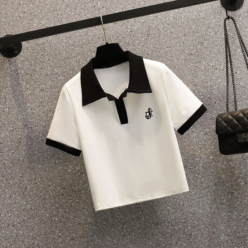 Women's Polo Neck Tee Shirts Dry Fir Top High Quality Pullover Short Sleeve T Shirt Wholesale Aesthetic Y2k Fashion Skinny White.