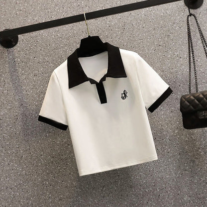 Women's Polo Neck Tee Shirts Dry Fir Top High Quality Pullover Short Sleeve T Shirt Wholesale Aesthetic Y2k Fashion Skinny White.