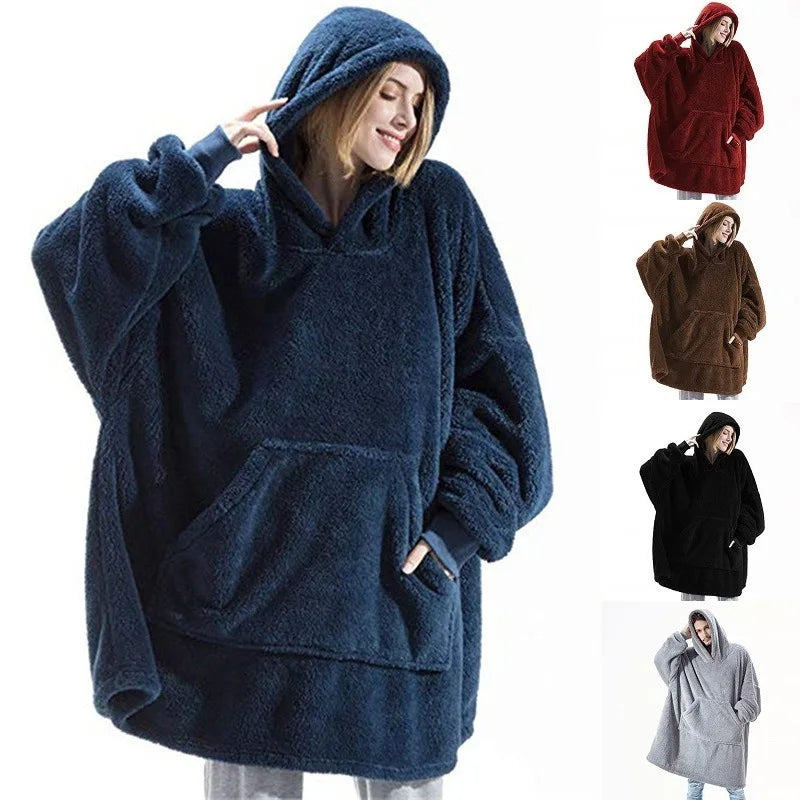 Women Winter Thick Warm Hooded Outerwear Solid Elegant Soft Double Fleece Jacket Unisex Pocket Pullover Long Hoodies Home Wear.