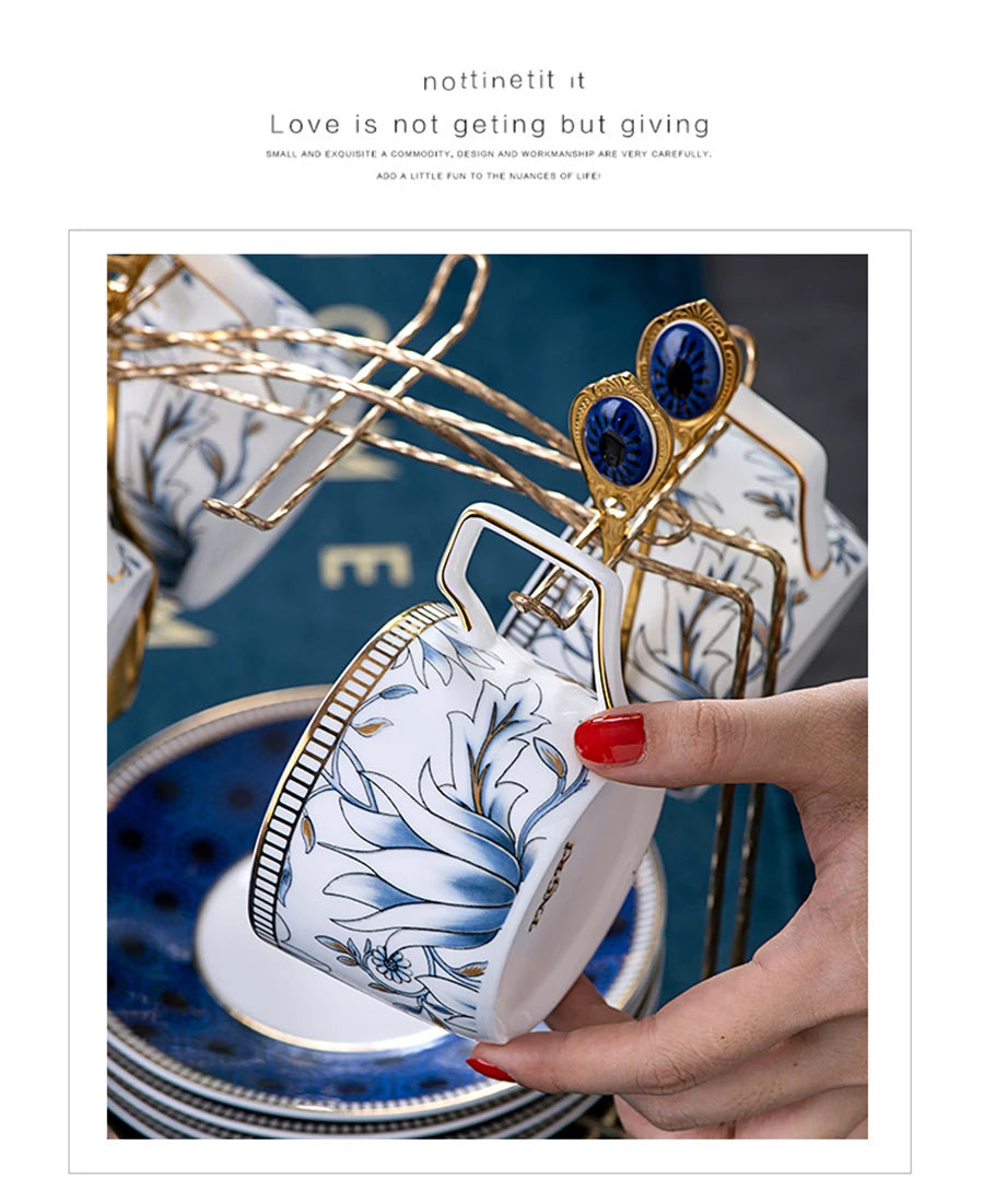 Elegant Cup and Saucer Set Bone China Sugar Jar Milk Jug Coffee Pot Set Cyan Magnolia Home English Mug Teaset Dessert Plate