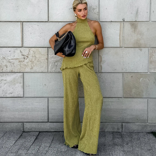 Tuularose Hanging Green Pants Set Sleeveless Backless Personality Temperament Commuter Two-piece Set Summer New Women Pants Set.