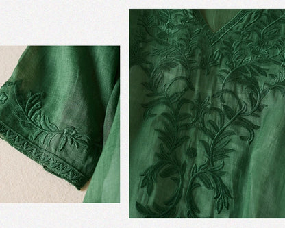 Vintage bedruckte Frauen kleider neue französische lose V-Ausschnitt Kleidung Kurzarm Sommer A-Linie Stickerei Empire Kleid