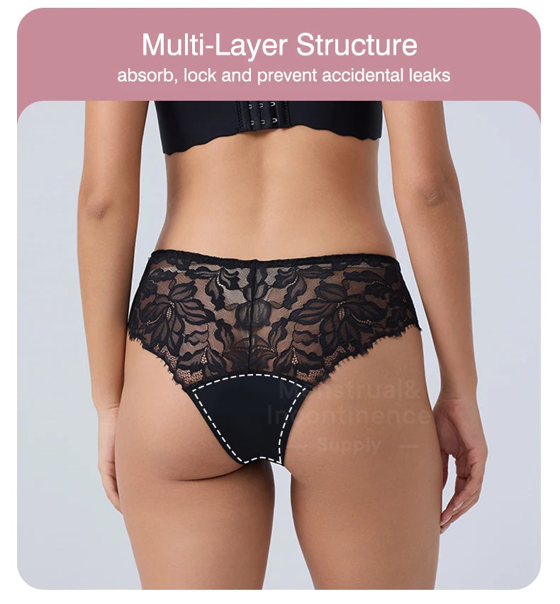 Women Period Panties 4-Layer Leakproof Lace Cheeky Brief High Absorbency Reusable Breathable Menstrual Panties.