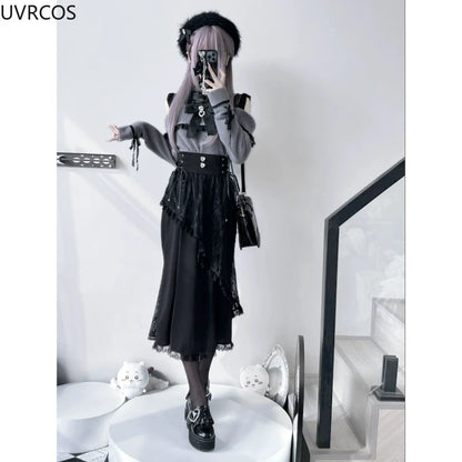 2025 Y2k Aesthetic Harajuku Style Lolita Long Skirt Women Gothic Lace Black Slim Skirts Japanese Jk Pleated Skirt Saia Feminina.