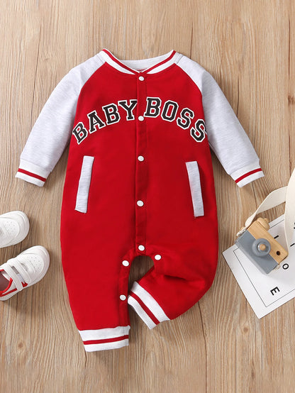Modischer, langärmliger, süßer und personalisierter Baby-Jungen-Overall mit Rundhalsausschnitt und Buchstabendruck.