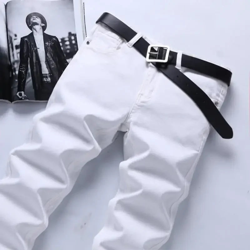 Pure White Jeans Men's Elastic Korean Style Slim Fit Youth Slimming Straight Leg Business Casual Middle Age High End Pants.