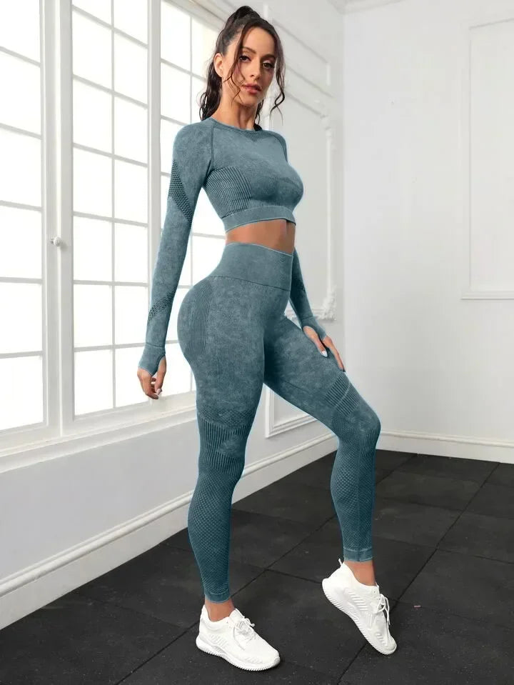 2 Piece Acid Wash Gym Set Women Seamless Long Sleeve Leggings Tracksuit Sports Fitness Suit Scrunch Workout Clothes Yoga Outfits.