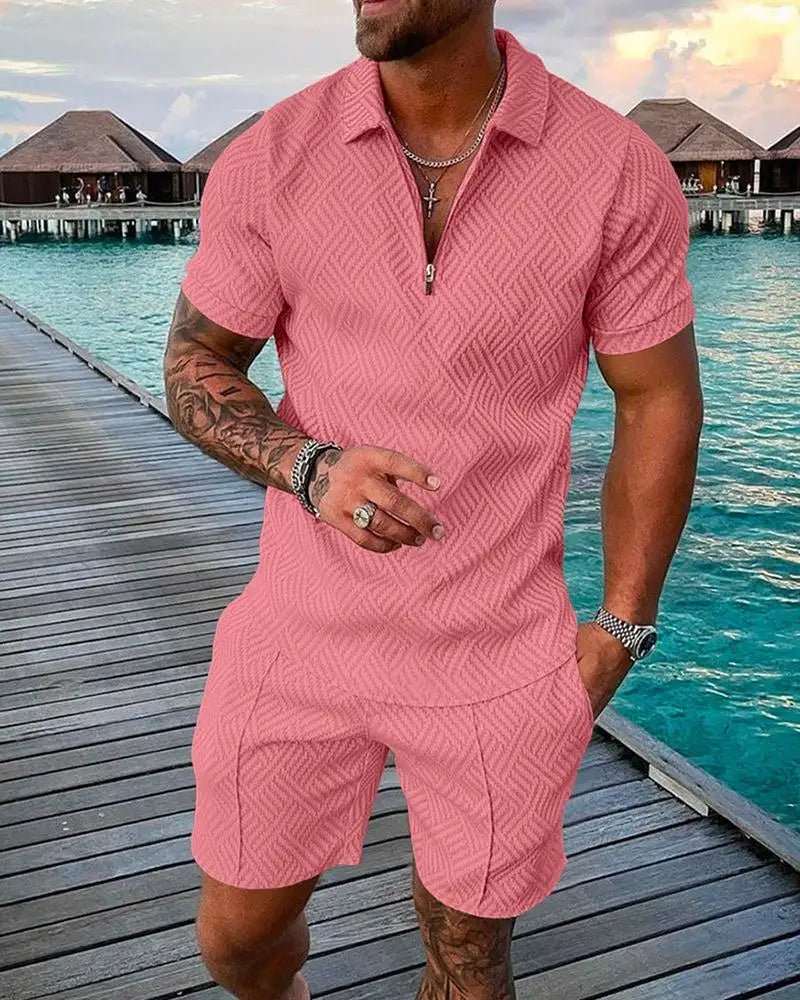Casual Mesh Lapel short-sleeved Pullover + Shorts Solid Thin Sportswear set, Black suit, men's Sportswear T-shirt Set.