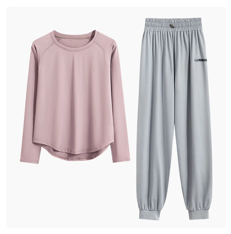 DRUR 2pcs Running Set Women Tracksuit Lightweight Loose Long Sleeve Sport Shirt Pants Sets 2 Piece Sportswear Outfit Gym Clothes.