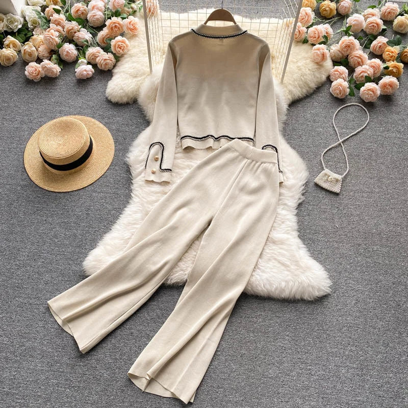 New Autumn Korean Fashion Casual Knit Two Piece Set Women Sweater Cardigan Crop Top + Wide Leg Pant Suits Tracksuit 2 Piece Sets.