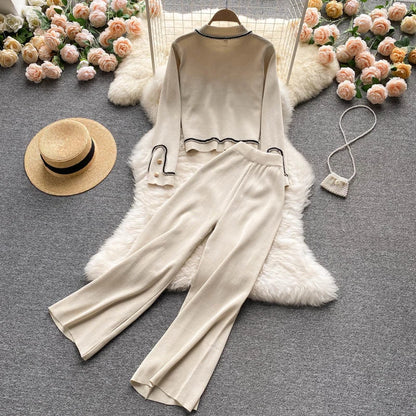 New Autumn Korean Fashion Casual Knit Two Piece Set Women Sweater Cardigan Crop Top + Wide Leg Pant Suits Tracksuit 2 Piece Sets.