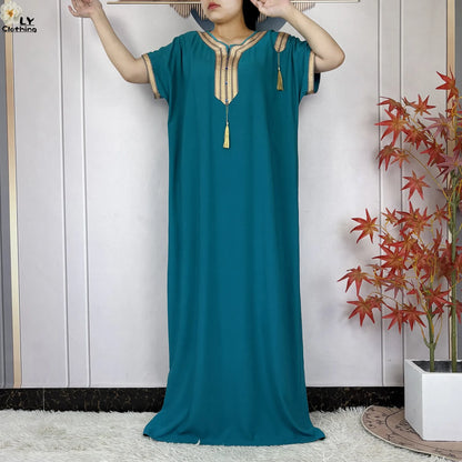 New Muslim Abayas Summer Short Sleeve African Dashiki Tassels Cotton Loose Caftan Lady Maxi Islam Casual Dresses With Headscarf.