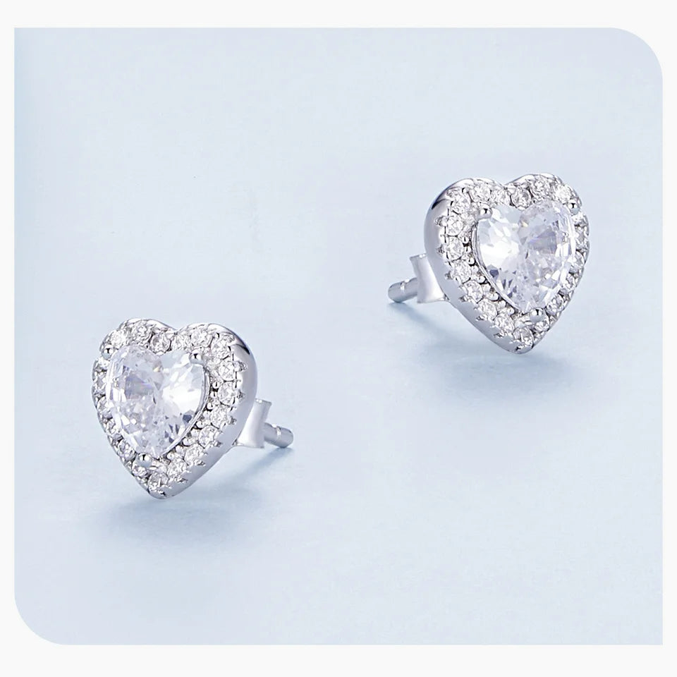 BAMOER Gold Plated Halo CZ Stud Earrings 925 Sterling Silver Hypoallergenic Classic Elegant Heart Earrings Jewellry BSE894.