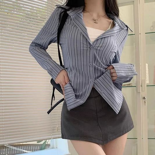 Korean Blue Striped Long Sleeve Shirt Jacket Women's Spring Design Waist Cinching Slimming Top Women Clothing.