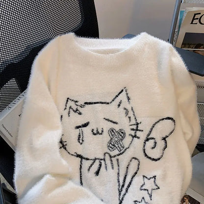 Vintage Preppy Kawaii Cartoon Jacquard Pullover Süße Harajuku Lose Grunge Pullover Y2k Ästhetische Frauen Weiße Gestrickte Pullover.